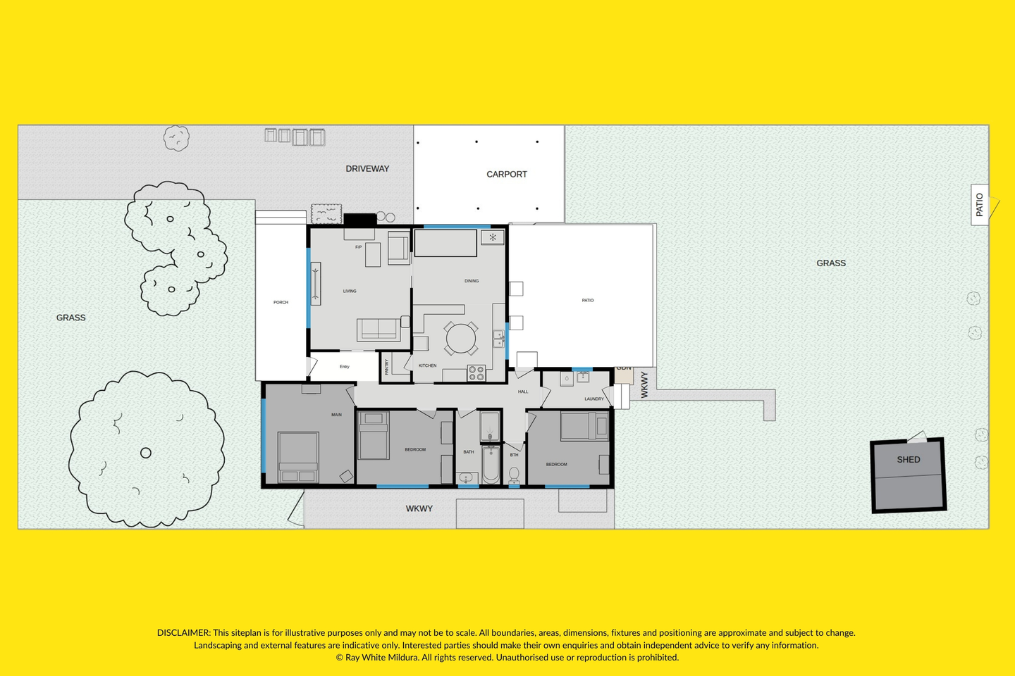 House and site plan showing the lounge, kitchen, dining area, bedrooms, bathroom, laundry, carport, patio and garden shed